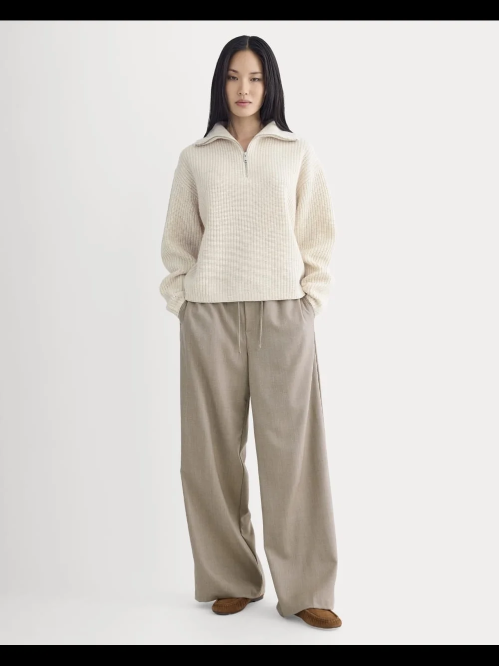 Everlane The Felted Merino Wool Half-Zip Sweater in Oatmeal - Size S - Picture 2 of 10